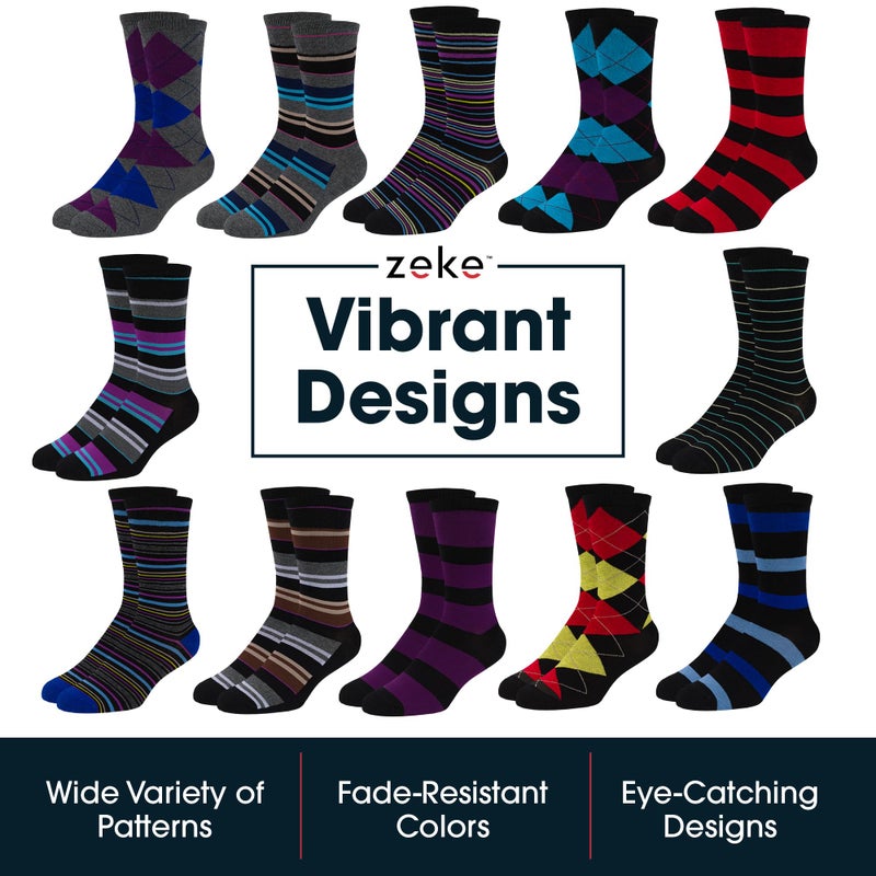 ZEKE Mens Cotton Blend Dress Socks - 12 Pairs of Asstd Patterns and Colors - by ZEKE,Assorted Colors,One Size Fits Most - Image 5